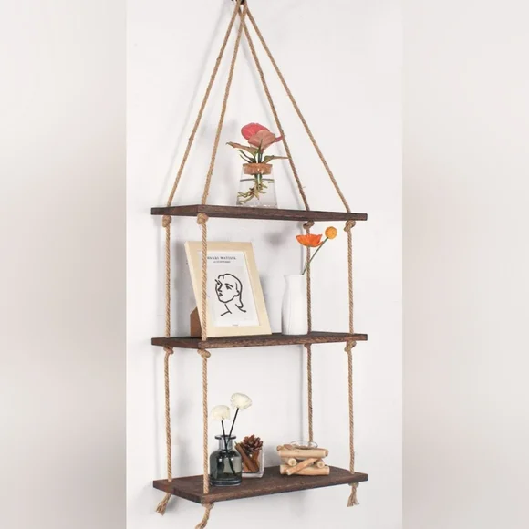 Iwaiting 3 Tier Antique Wood Floating Hanging Wall Shelf NWOT - Picture 1 of 7